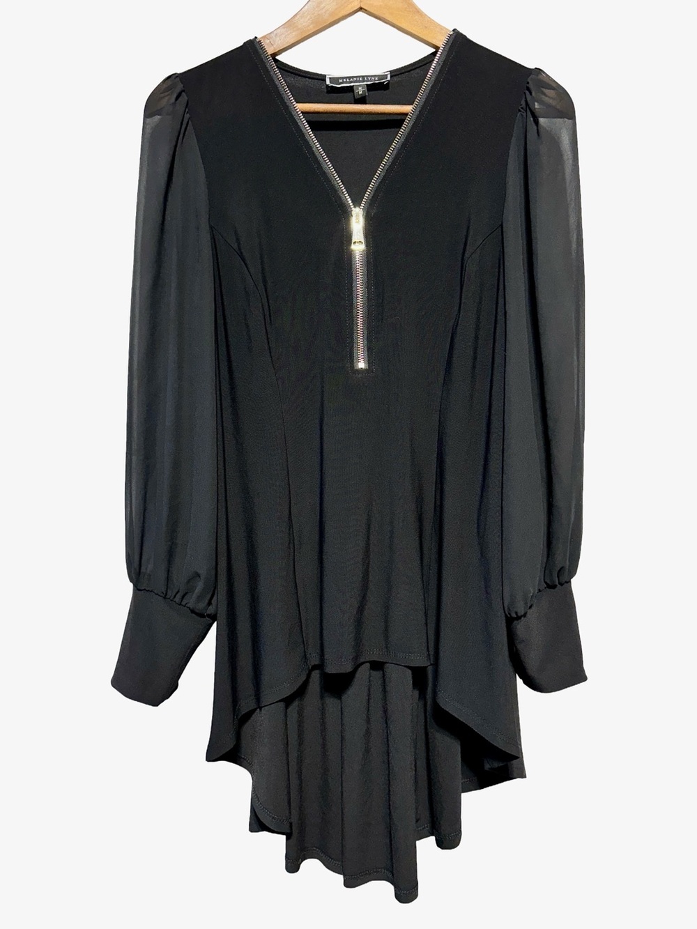 MELANIE LYNE Black Sheer Sleeve Zip Tunic Goth Romantic Poetcore Top